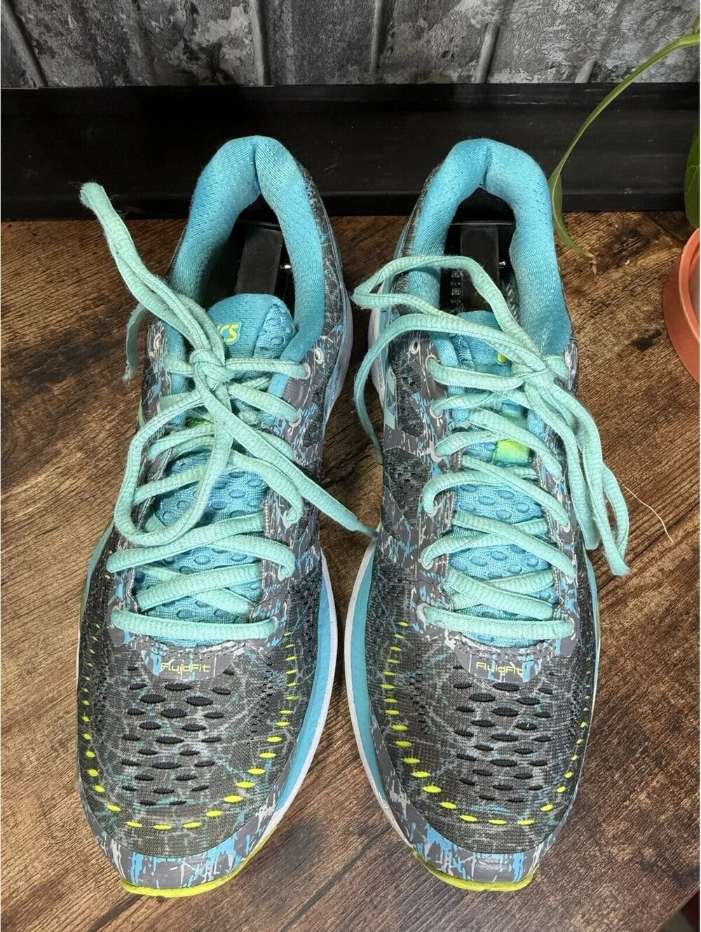ASICS Gel-Kayano running shoes in a gray/blue/turquoise colorway, Women’s US 7.5